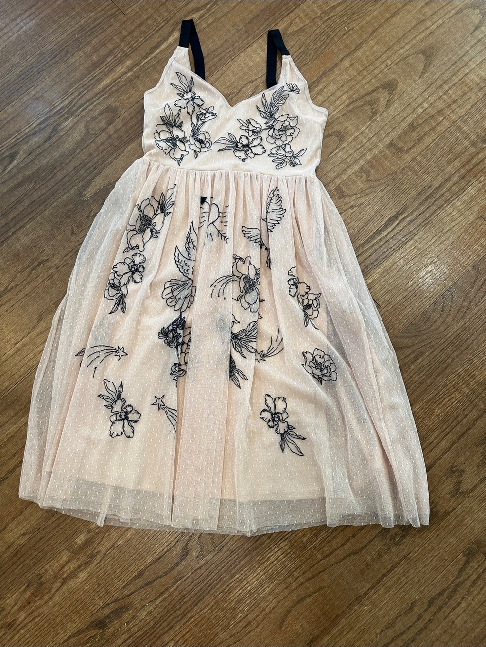 Express tan Tulle Dress with Black Floral Embroidery
